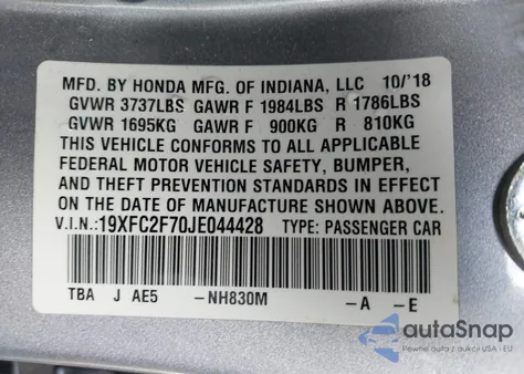2018 Honda Civic Ex from USA, damaged, VIN 19XFC2F70JE044428